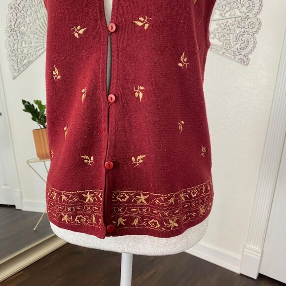 Ali Miles Nostalgia Vintage Fall Embroidered Cotton Burgundy Red Button Vest M - Picture 5 of 8